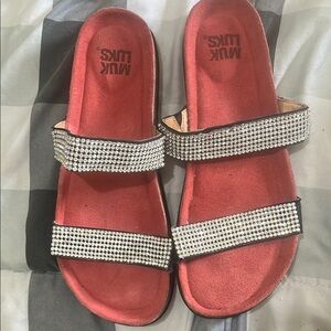 MUK LUKS Women's Red Sandals with Rhinestone Straps
